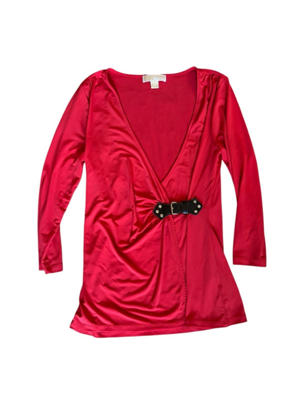 MICHAEL Michael Kors Red Black Draped Buckle Belt Top 3/4 Sleeve M